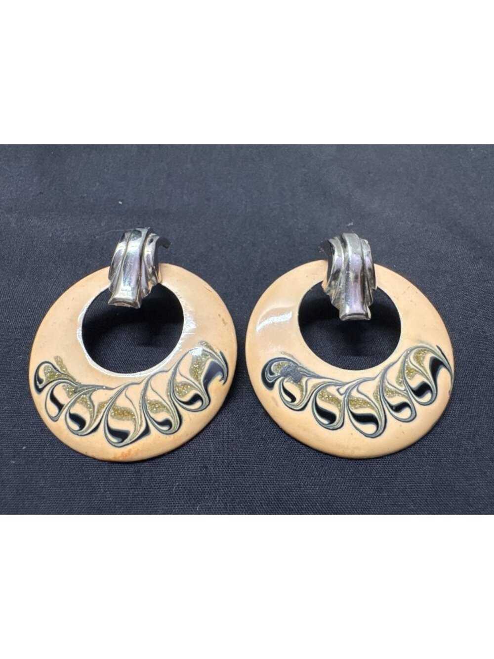 50s Painted Post Earrings Abstract Gold & Black Swirl Design Beige Base 2-Inch D